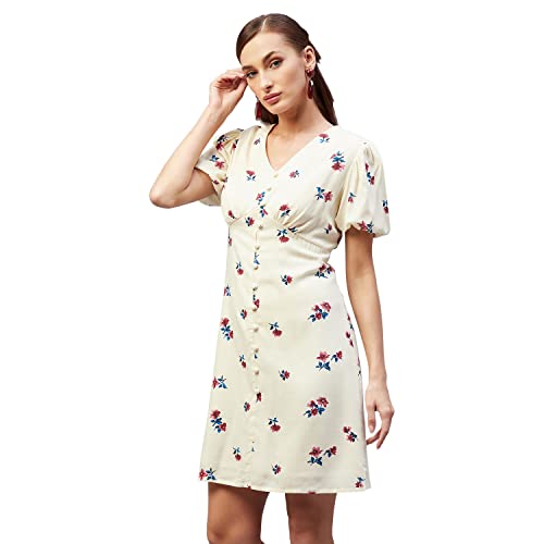 Carlton London Women's Rayon A-Line Above The Knee Dress (CL704_Cream_XL)