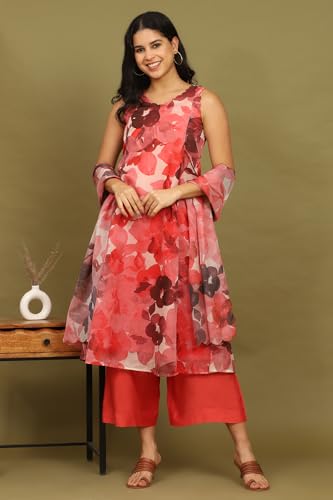 W for Woman Crimson Red Bold Floral Printed Organza Flared Kurta, Pants and Dupatta Set (Size: M)-WS12238-125263