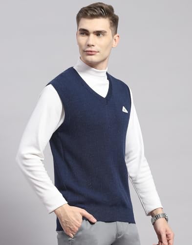 Monte Carlo Mens Blue Solid V Neck Sleeveless Wool Casual Sweater | Warm Woolen Pullover for Men | Soft Comfortable Knitted Winter Wear Sweater for Men's