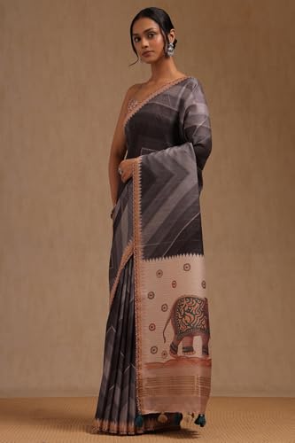 Soch Womens Charcoal Tussar Chevron Saree