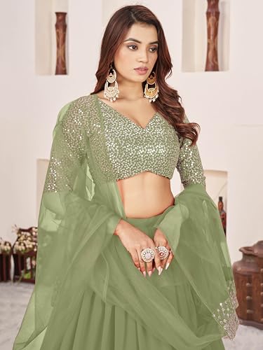 Zeel Clothing Women's Sequins Embroidered Georgette New Lehenga Choli with Dupatta (5066-Olive-Womens-Lehenga-Choli-Latest; Free Size) (Olive)