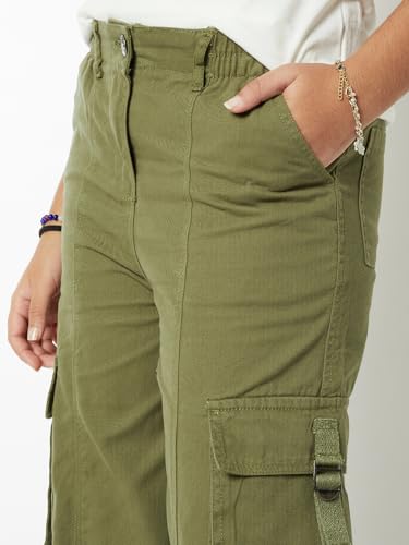 Max Girls Solid Wide Leg Cargo Trousers (Green_8-9 Y)