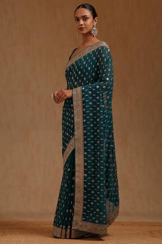 Soch Womens Teal Green Georgette Embroidered Saree With Stone Work