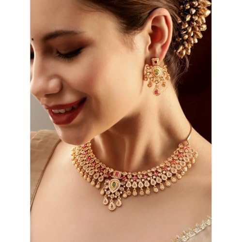 Rubans Regal Gold Tone Temple Necklace Set with Multicolored Stones For Women