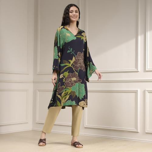 Biba Women's Rayon Printed Regular Kurta (EXPN30403AW25CHAR_Charcoal
