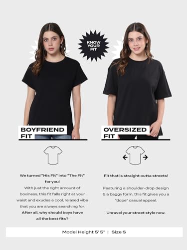 Bewakoof Women's Graphic Print Oversized Fit Half Sleeve Round Neck Cotton T-Shirt_677635_Black_3XL