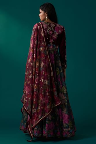 Wishful Women's Green Floral Printed Sequined Yoke Festive Anarkali Dress with Churidar and Dupatta Set (SP12848-126754-XL)