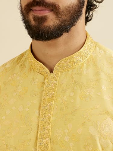 Manyavar Men's Viscose Blend Embroidery Kurta Set (Yellow,XL)
