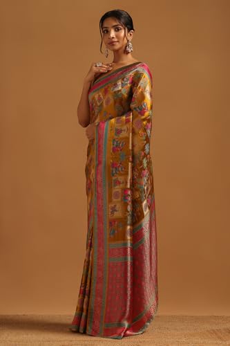 Soch Womens Mustard Satin Ethnic Motif Saree With Zari Woven