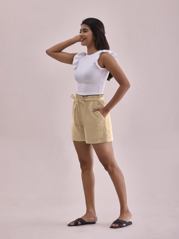 GO COLORS Women Solid Khaki High Rise Linen Shorts
