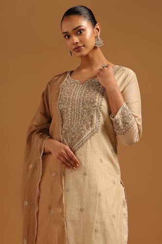 Soch Womens Beige Mul Chanderi Botanical Embroidered Salwar Suit