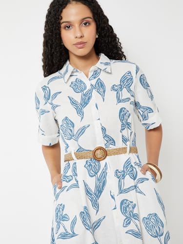 Max Women Printed Shirt Dress with Belt (White_S)