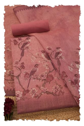 Soch Womens Onion Pink Linen Shimmer Bird Motifs Unstitch Dress Material With Thread Work