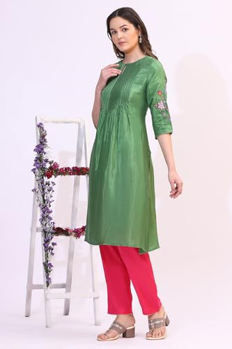 W for Woman Forest Gren Solid Floral Embroidered Shantung Kurta, Pants and Dupatta Set (Size:2XL)-WS19722