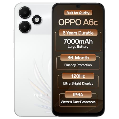 Oppo A6c 4G (Feather White, 4GB RAM, 128GB Storage) | 7000mAh Long-Lasting Battery | 120Hz Ultra Bright Display | IP64 Protection | 13MP Camera- with No Cost EMI/Additional Exchange Offers.
