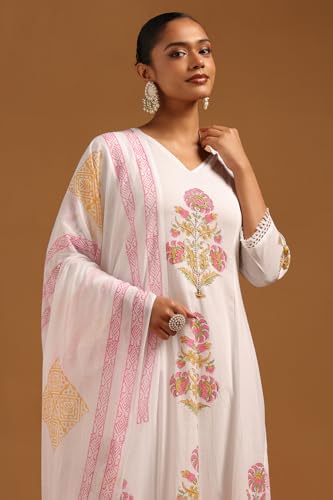 Soch Womens Off White Cotton Floral Print Suit Set With Beads