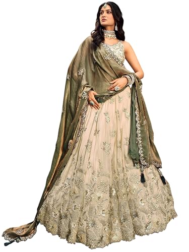 Zeel Clothing Women's Dori, Sequins and Thread Embroidered Work Cosmos Silk Lehenga Choli With Dupatta (6019-Green-Women-Lehenga-Choli-Latest; Free size)