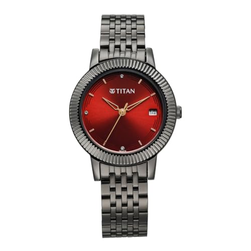 Titan Plain 3 Hands Karishma Red Round Dial Gun Plating Stainless Steel Strap Womens Watch - NU2968QM01