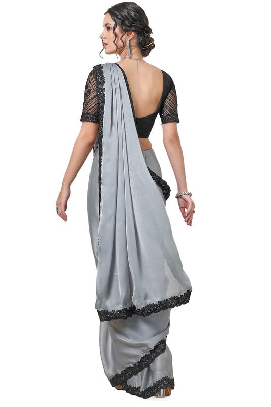 Soch Womens Grey Crepe Saree with Lace Border