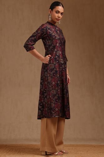 Soch Womens Wine Muslin Botanical Print Kurta with Thread Work