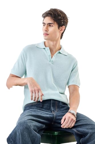SNITCH Men’s Polo Core Lab T-Shirt | Textured Knit Design with Buttoned Closure | 100% Cotton Fabric for Breathable Comfort & Casual Wear | Light Green