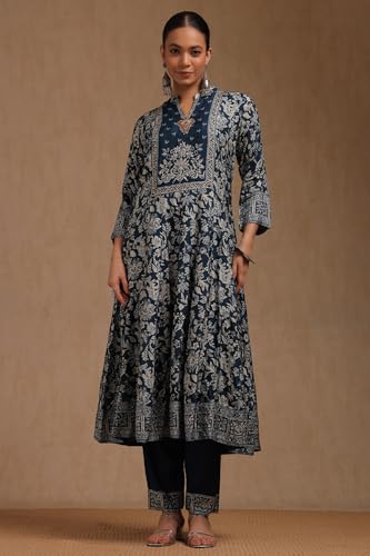 Soch Womens Indigo Dola Silk Floral Print Suit Set With Beads