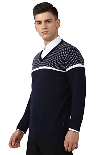 Men Navy Print V-Neck Sweater