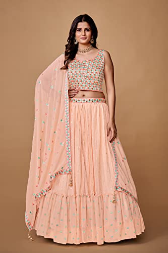 FUSIONIC Thread With Pearl Peach Ruffle Lehenga