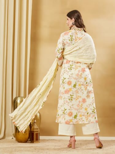 Divena Cream Cotton Floral Kurta Sets With Dupatta