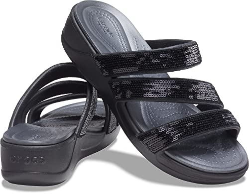 crocs womens Boca Sequin Strappy Wedge Black Sandal - 2 UK (W4) (207645-001)