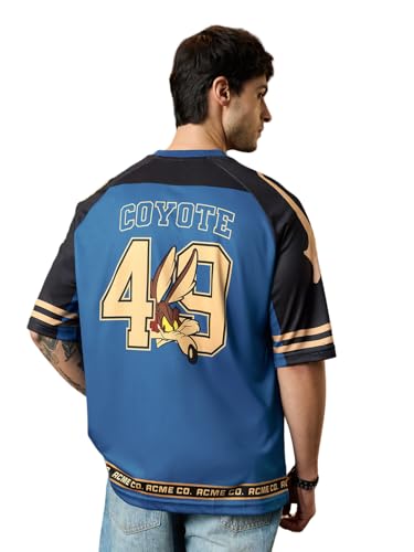The Souled Store Looney Tunes: Genius Men and Boys Short Sleeve V-Neck Blue Graphic Printed Sporty Casual Lightweight Drop Shoulder Quick Dry Streetwear Trendy Oversized Jerseys