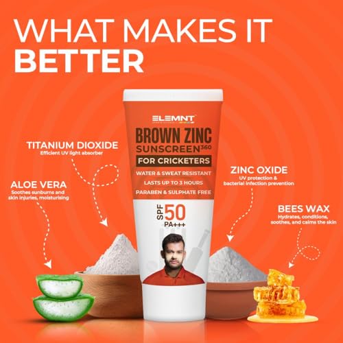 Elemnt Brown Zinc Sunscreen for Cricketers | SPF 50 Zinc Suncream, Broad Spectrum PA+++ with Aloe Vera | Formulated For Heavy Sun Exposure | Water Resistant Sunscreen for Cricketers & Sports | Men & Women - 25gm