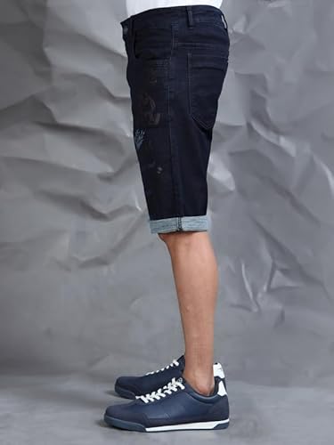 BEEVEE Men’s Cotton Navy Text Printed Casual Shorts | 100% Yarn Dyed Structured Fabric, Mid Rise, Knee Length with Button Closure
