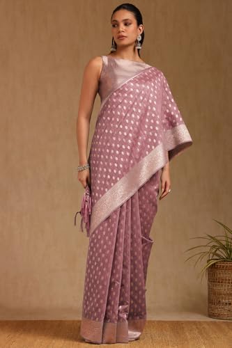 Soch Womens Onion Pink Tussar Floral Print Saree With Zari Woven