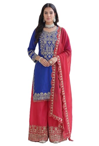 Leeli Peeri Designer Women's Chinon Silk Embroidery Kurta Palazzo and Dupatta Set