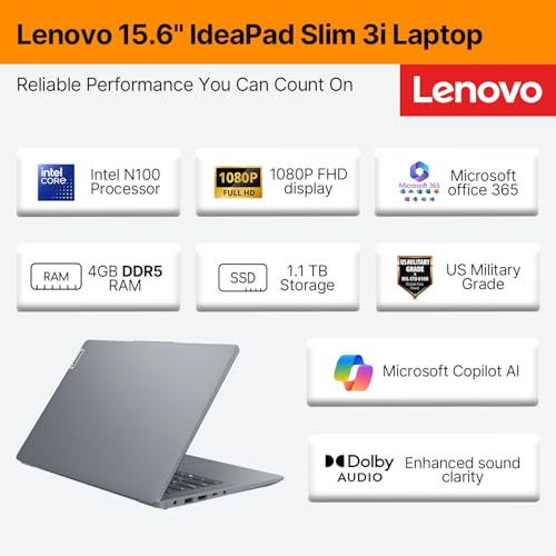 Lenovo IdeaPad Slim 3i • 15.6" FHD Laptop with Microsoft Office 365 • Intel 4 Cores • 128GB SSD • DDR5 • Quick Setup, Lightweight • Win 11