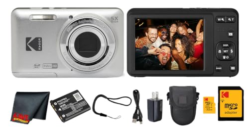 Kodak PIXPRO FZ55 Digital Camera (Silver) | 16MP Sensor, 5X Optical Zoom, 28mm Wide-Angle Lens & Full HD Video | Great for Travel & Beginner Photography (FZ55SR) + 32GB Card + Case + Cleaning Cloth