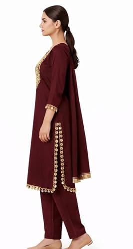 BALAJI TRENDS HUB Emerald Maroon Mirror Work Kurti Set with Golden Dupatta
