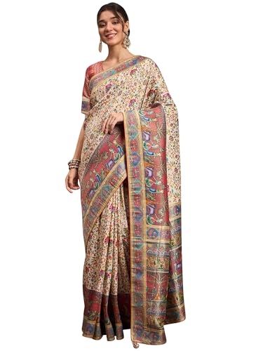 AKHILAM Women's Cream Viscose Silk Ethnic Motif Printed Saree With Unstitched Blouse Piece (MSTANI159B_HS)