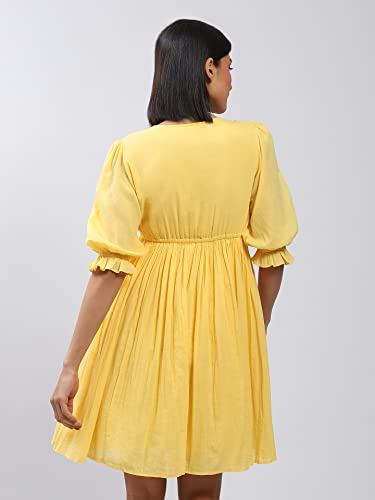 Label RITU KUMAR V Neck 3/4 Sleeves Solid Short Dress Yellow