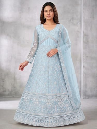 JULEE Women's Net Embroidered Semi-Stitched Gown Cross Gown Firozi-GEM