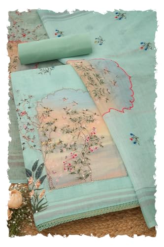 Soch Womens Sap Green Linen Blend Botanical Print Unstitch Dress Material With Thread Work