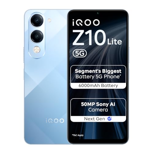 iQOO Z10 Lite 5G (Titanium Blue 2026, 4GB RAM, 64GB Storage) | Dimensity 6300 5G Processor | 50MP Sony AI Camera | 6000 mAh Battery | IP64 Rated & Military Grade Shock-Resistance*