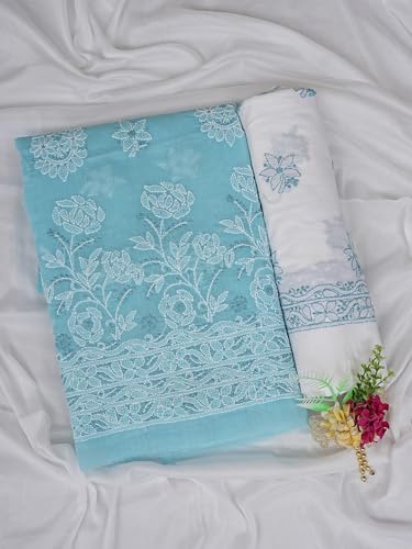 Ada Hand Embroidered Lucknowi Chikankari Unstitched Cotton Dress Material Suit Piece with Dupatta for Women 01A867722 Blue