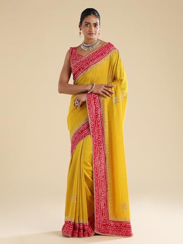 AKHILAM Women's Yellow Vichitra Silk Embroidered Embellished Saree With Unstitched Blouse Piece (ANIKA3801_AG)