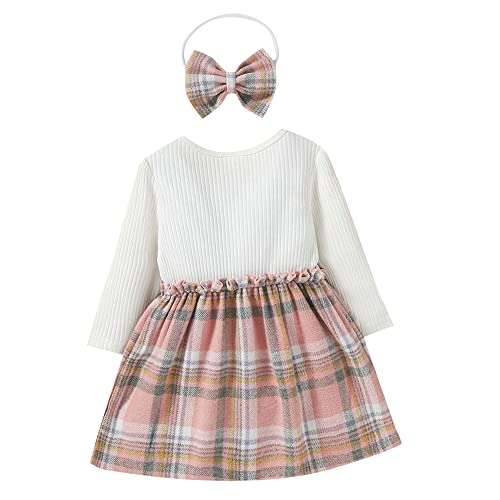 Hopscotch Girls Check Print Full-Sleeve Casual Dress with Headband In White Color for Ages 9-12 Months