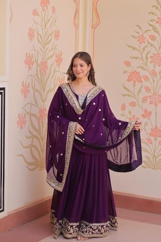 Mehervaa by vinni Purple Anarkali Suit with Gold Embroidery, Long Sleeve Ethnic Dress, Dupatta Included, Traditional Indian Wear (IN, Alpha, L, Regular)