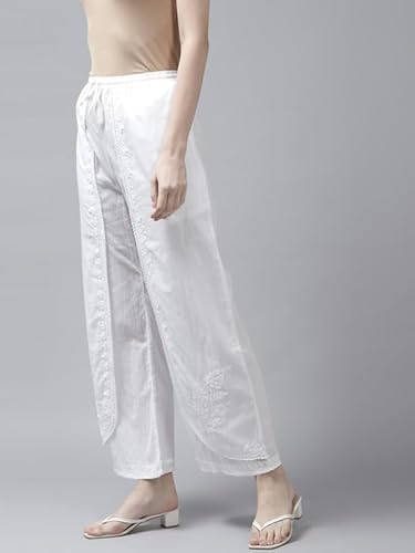 Ada Hand Embroidered Lucknow White Chikankari Cotton Palazzo Pant Culottes for Women A711146 (M)
