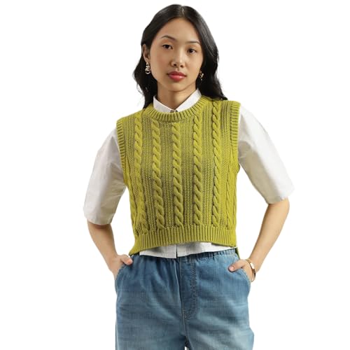 United Colors of Benetton Round Neck Textured Cable Knit Sweater (Size: M)-25A1594D108YGL43 Green