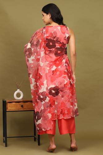W for Woman Crimson Red Bold Floral Printed Organza Flared Kurta, Pants and Dupatta Set (Size: M)-WS12238-125263